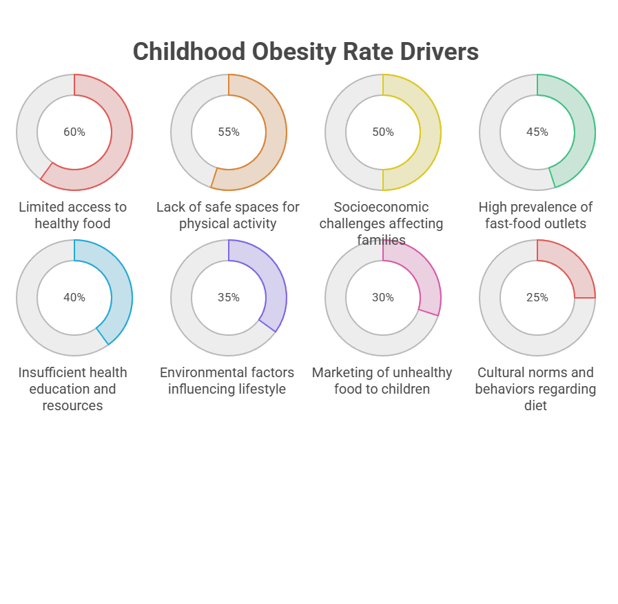 Infographic showing childhood obesity rate drivers with percentages for each factor affecting rates.