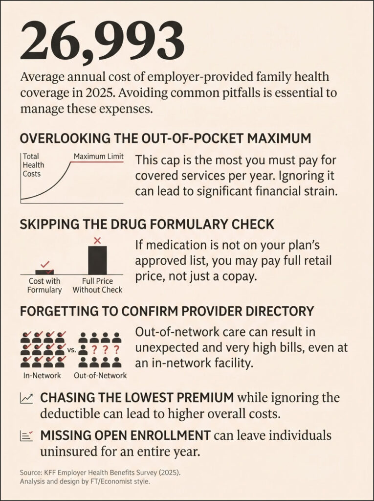 Infographic showing average annual cost of employer-provided family health coverage and common pitfalls to avoid.
