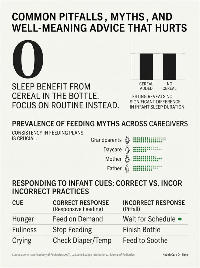Infographic showing myths about infant feeding, sleep benefits, caregiver statistics, and correct responses to cues.