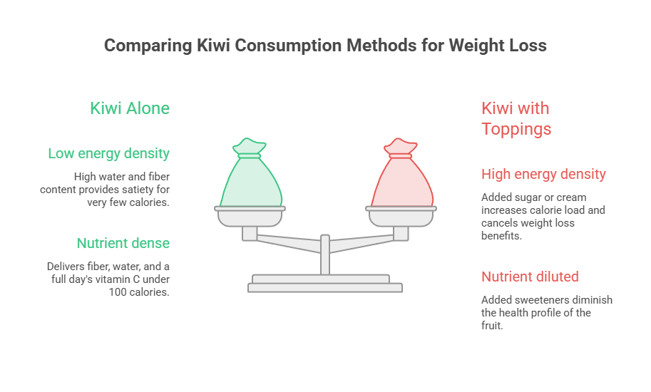 Infographic comparing kiwi consumption methods for weight loss, highlighting benefits of kiwi alone versus with toppings.