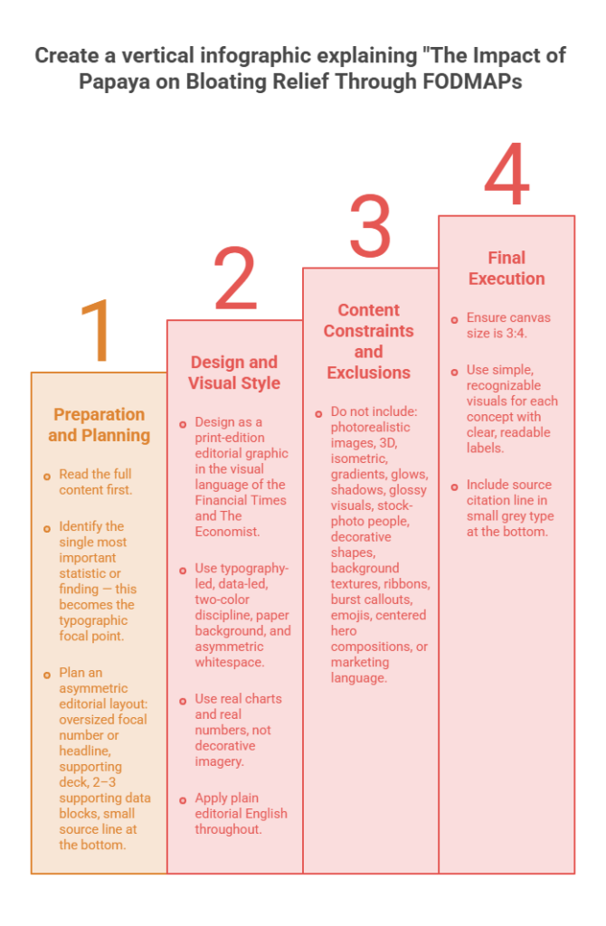 Vertical infographic detailing steps for creating "The Impact of Papaya on Bloating Relief Through FODMAPs" with text and icons.