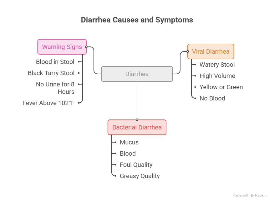 Infographic showing diarrhea causes and symptoms, including warning signs and types like viral and bacterial diarrhea.
