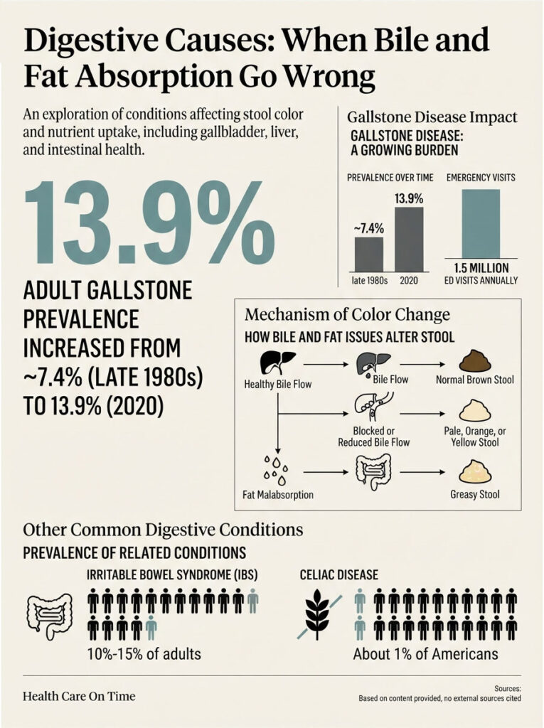 Infographic showing digestive causes of stool color changes, gallstone prevalence, and related conditions statistics.