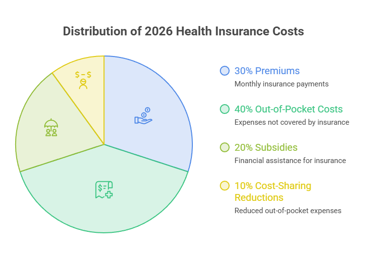 Pie chart showing distribution of 2026 health insurance costs: 30% premiums, 40% out-of-pocket costs, 20% subsidies, 10% cost-sharing reductions. Infographic.