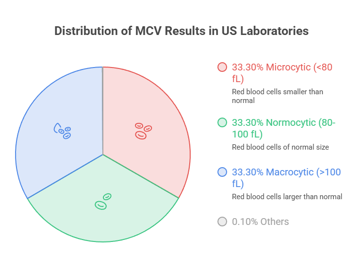 Pie chart showing distribution of MCV results in US labs with labels for microcytic, normocytic, and macrocytic cells.