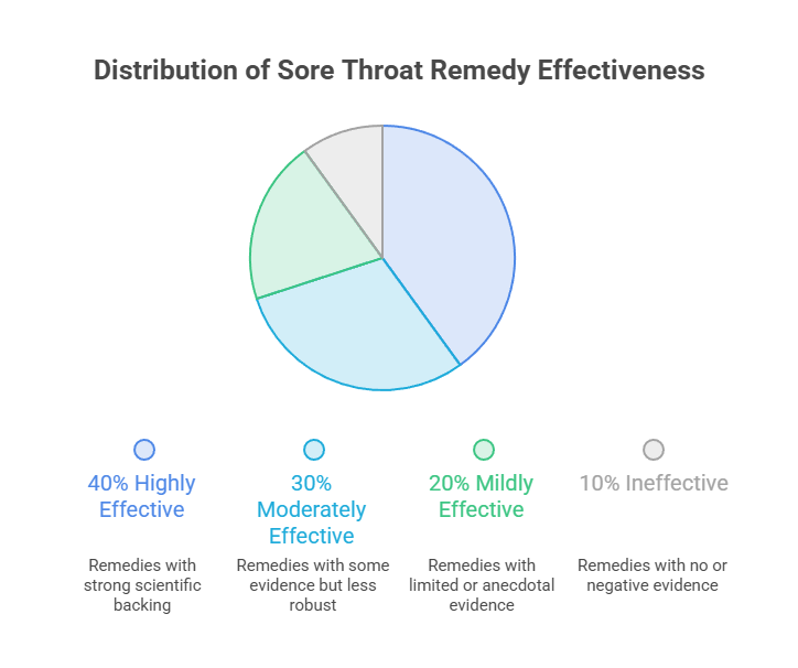 Pie chart showing effectiveness of sore throat remedies: 40% highly effective, 30% moderately effective, 20% mildly effective, 10% ineffective.