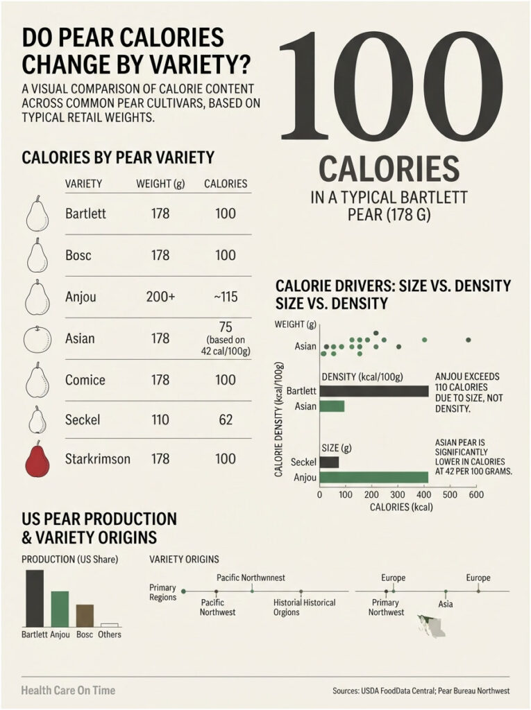 Infographic comparing calorie content of various pear varieties, including charts and data on weight and calories.
