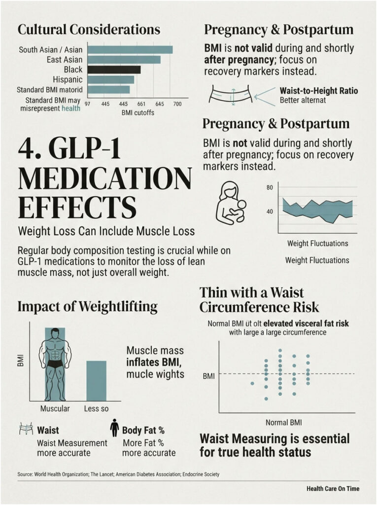 Infographic showing GLP-1 medication effects, BMI considerations, weight fluctuations, and waist measurement accuracy.