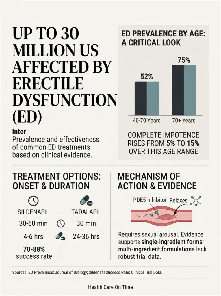 Infographic showing erectile dysfunction statistics, treatment options, and mechanisms of action with charts and icons.