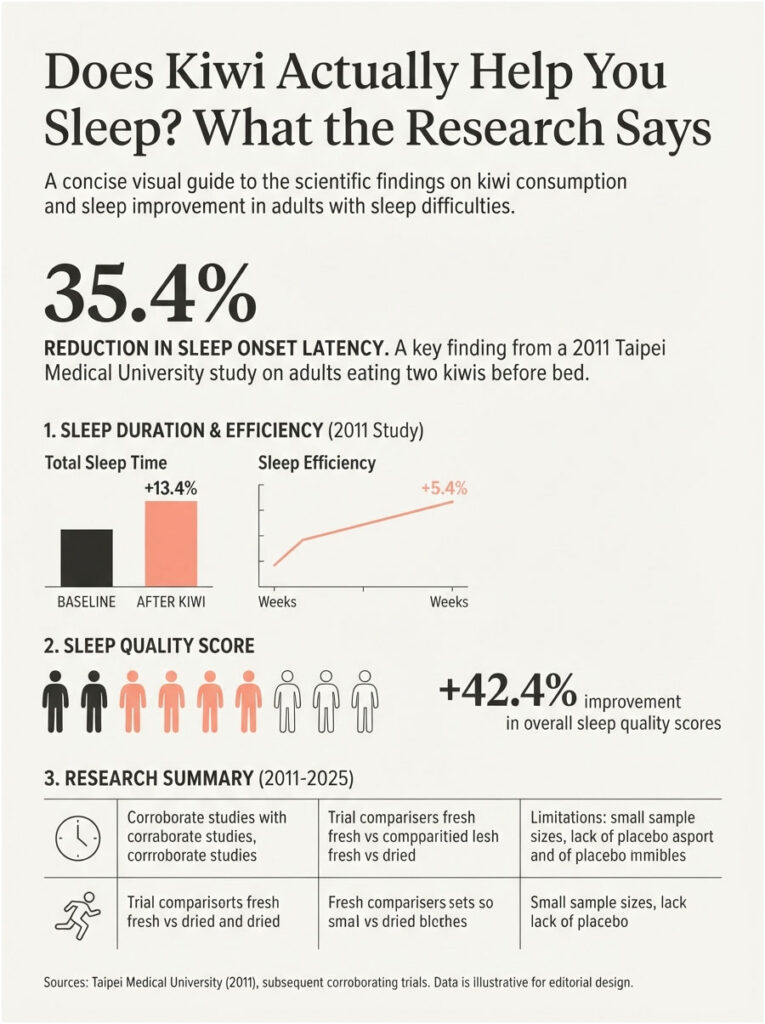 Infographic showing sleep improvement data from kiwi consumption, including statistics and charts on sleep latency and quality.