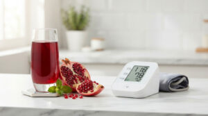 A blood pressure monitor displays readings beside a pomegranate and a glass of juice on a marble countertop.