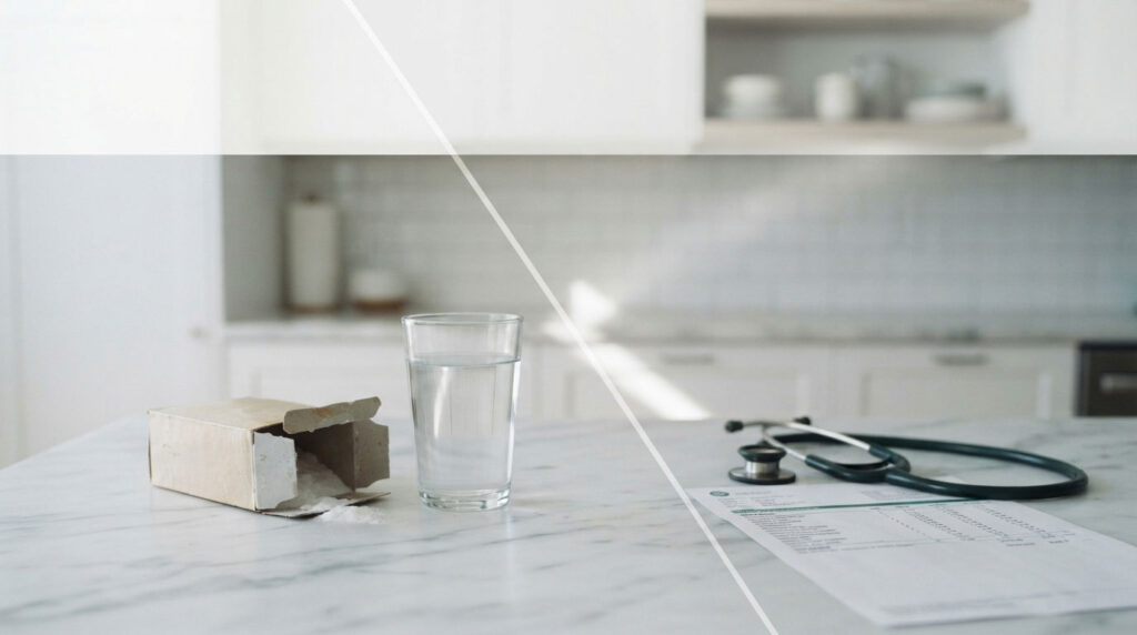 A glass of water sits next to an open box and a stethoscope on a marble countertop in a bright kitchen.