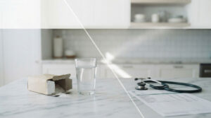 A glass of water sits next to an open box and a stethoscope on a marble countertop in a bright kitchen.