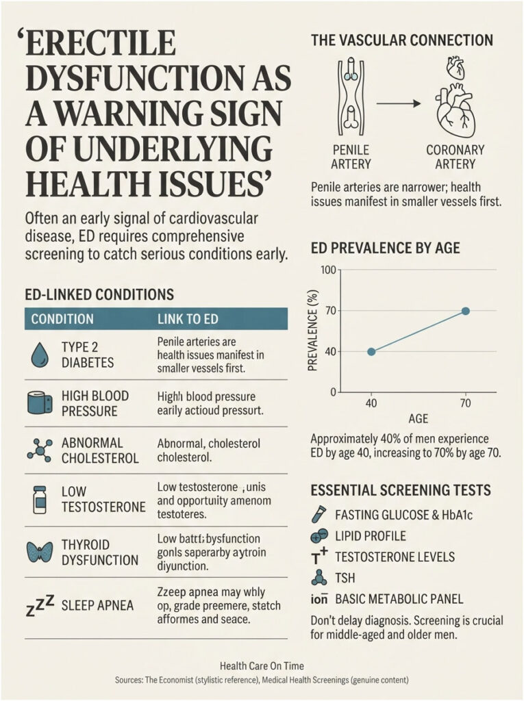 Infographic on erectile dysfunction as a warning sign, showing linked conditions, prevalence by age, and screening tests.