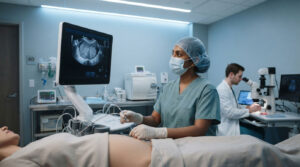 A healthcare professional performs an ultrasound on a patient in a medical room with advanced equipment.