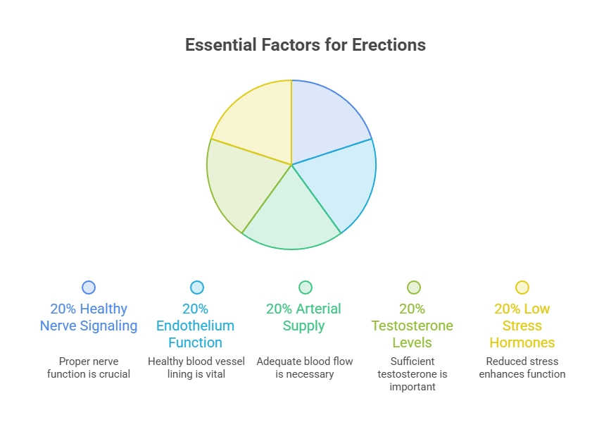 Pie chart showing essential factors for erections with labels for nerve signaling, endothelium function, arterial supply, testosterone levels, and low stress hormones. Infographic.