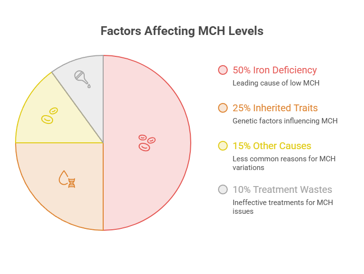 Pie chart showing factors affecting MCH levels with percentages and descriptions for each category. Infographic.