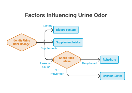 Flowchart showing factors influencing urine odor, including dietary factors and fluid intake checks. Infographic.