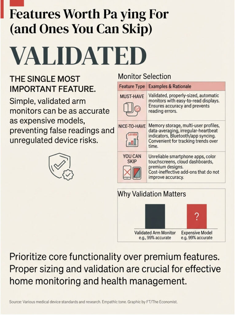 Infographic comparing validated arm monitors and expensive models, highlighting key features and importance of validation.