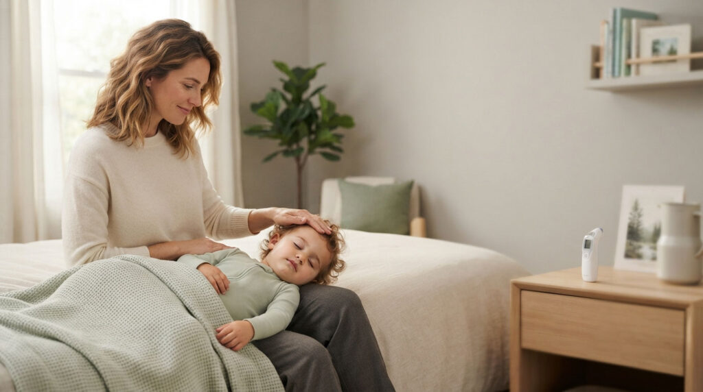 A mother gently touches her sleeping child's forehead in a cozy bedroom setting.