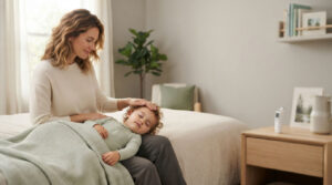 A mother gently touches her sleeping child's forehead in a cozy bedroom setting.