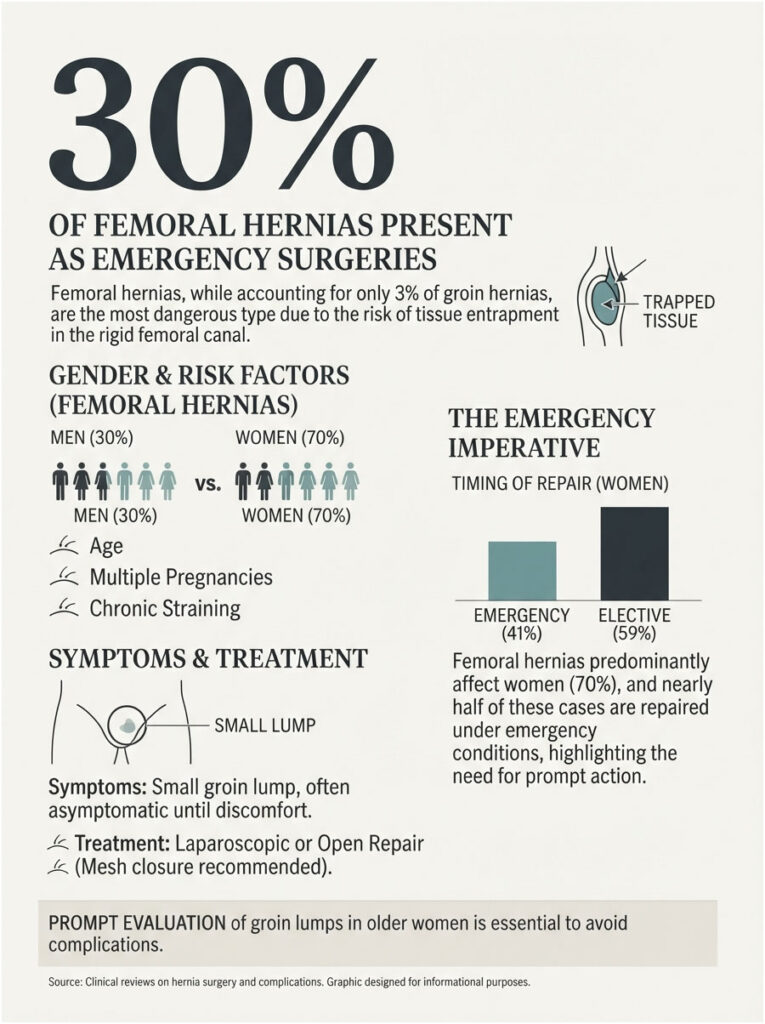Infographic showing femoral hernias statistics, gender risk factors, symptoms, and treatment options.