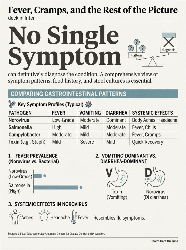 Infographic comparing gastrointestinal patterns of Norovirus, Salmonella, and Campylobacter with symptoms and effects.