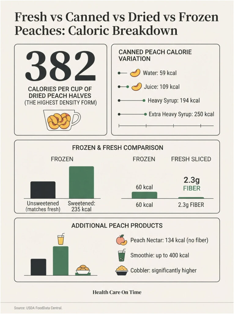 Infographic comparing calories in fresh, canned, dried, and frozen peaches with detailed data and icons.