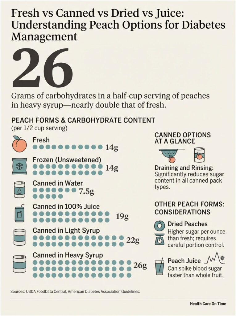 Infographic comparing carbohydrate content in fresh, canned, dried, and juiced peaches for diabetes management.