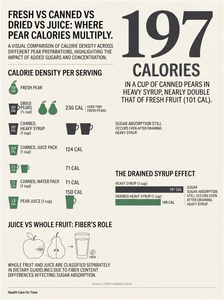 Infographic comparing calorie density of fresh, dried, canned pears, and juice with data on sugar absorption effects.