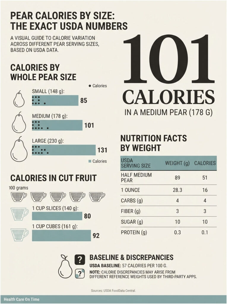 Infographic showing calorie counts for small, medium, and large pears, plus nutrition facts for cut fruit.