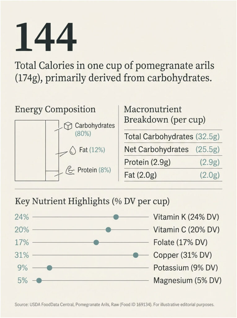 Infographic showing calorie and macronutrient breakdown of pomegranate arils with nutrient highlights.