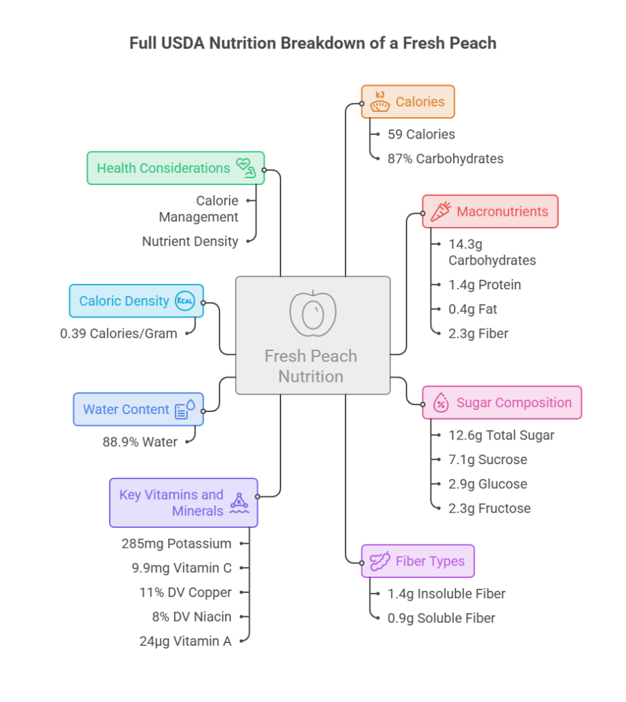 Infographic detailing the USDA nutrition breakdown of a fresh peach, including calories, macronutrients, and vitamins.