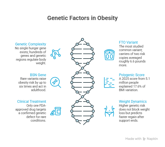 Infographic on genetic factors in obesity, detailing genetic complexity, FTO variant, BSN gene, polygenic score, and weight dynamics.