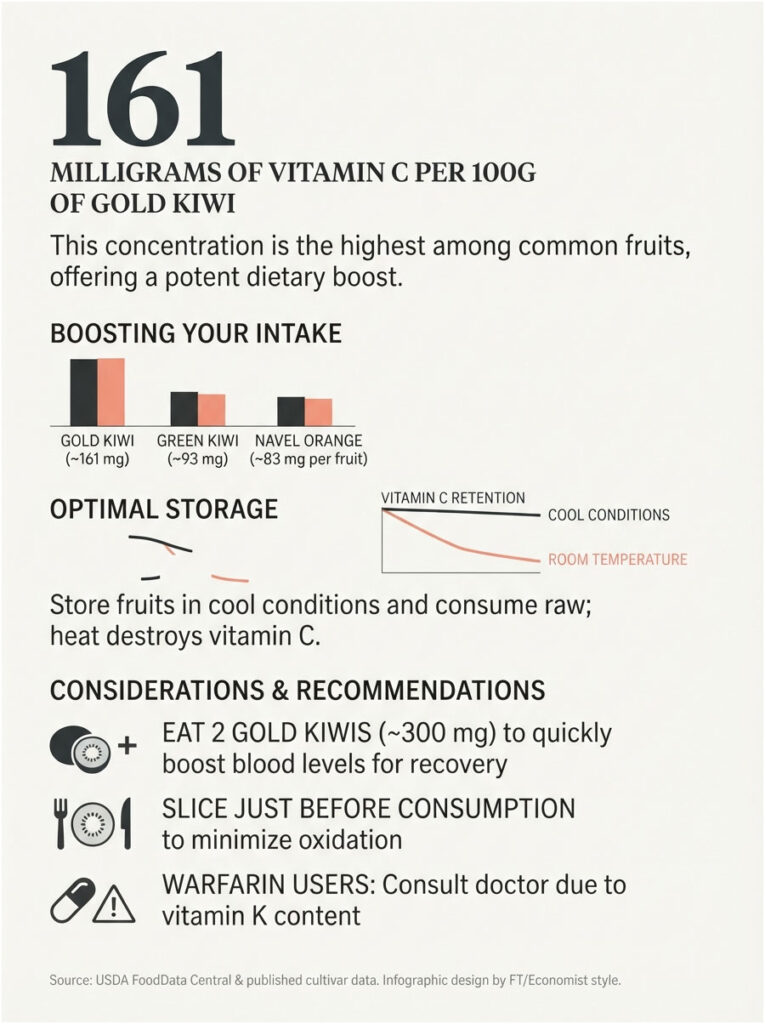 Infographic showing vitamin C content in gold kiwi, green kiwi, and navel orange with storage tips and recommendations.