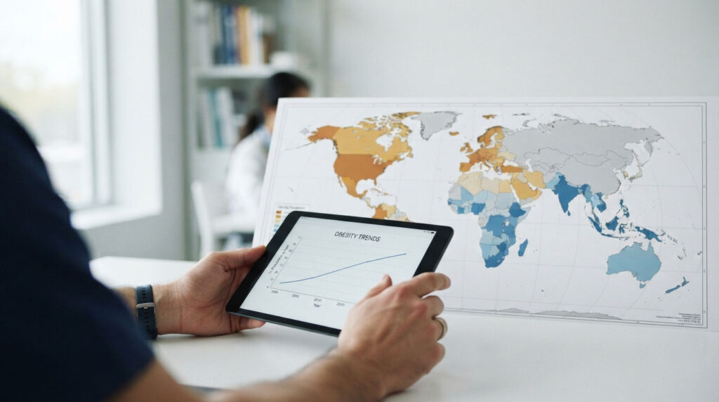 A person holds a tablet displaying obesity trends alongside a world map with color-coded regions.