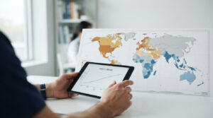 A person holds a tablet displaying obesity trends alongside a world map with color-coded regions.
