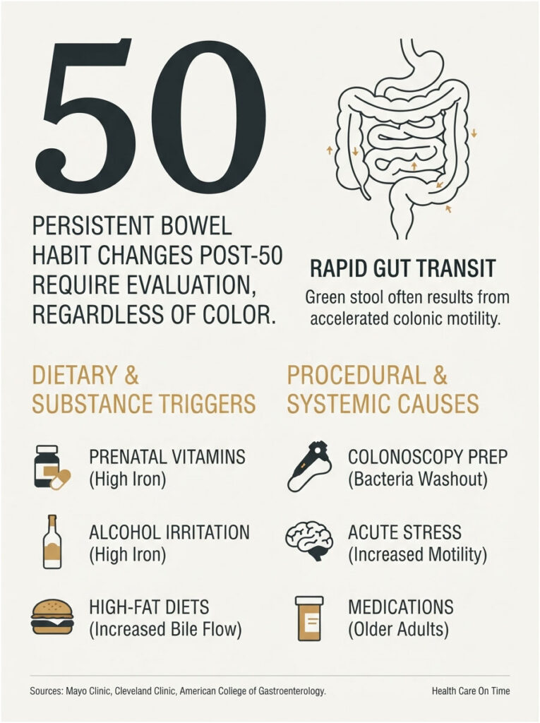 Infographic showing persistent bowel habit changes post-50, with dietary triggers and procedural causes listed.