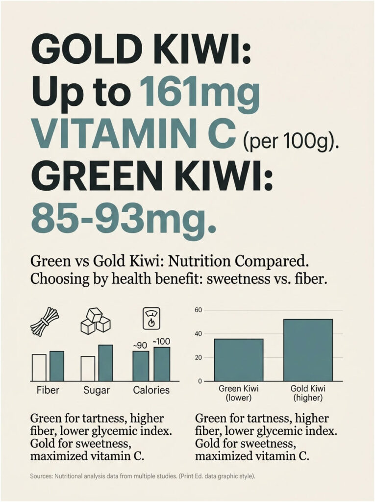 Infographic comparing vitamin C content in gold and green kiwi, with charts on fiber, sugar, and calories.