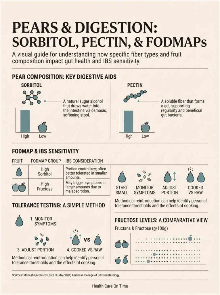 Infographic explaining pears' digestive aids: sorbitol, pectin, FODMAPs, and IBS sensitivity with charts and icons.