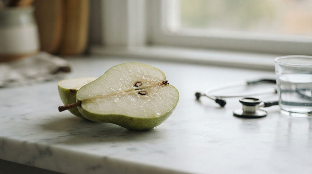A halved pear with seeds sits on a marble countertop next to a glass of water and a stethoscope.