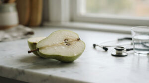 A halved pear with seeds sits on a marble countertop next to a glass of water and a stethoscope.