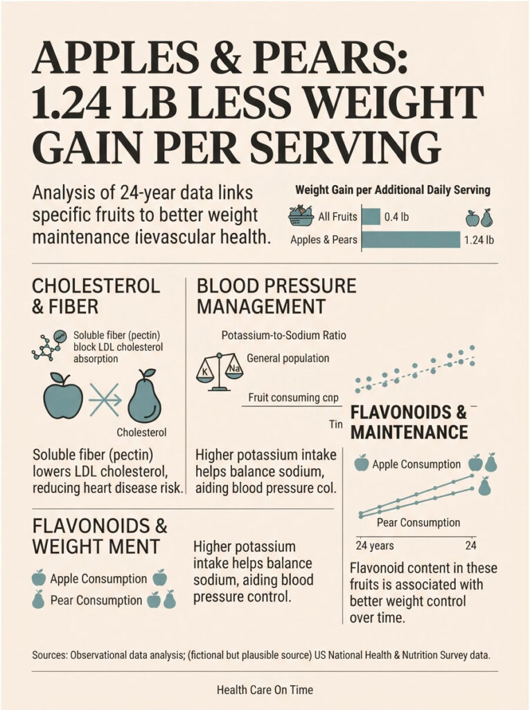 Infographic showing apples and pears reduce weight gain by 1.24 lb per serving, with data on cholesterol and fiber benefits.