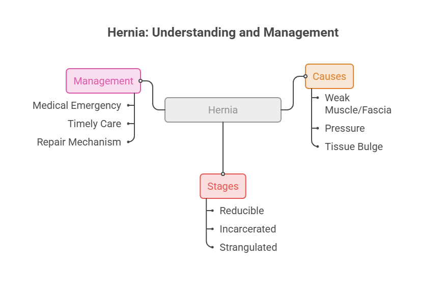 Infographic explaining hernia management, causes, and stages with labeled sections and connecting lines.