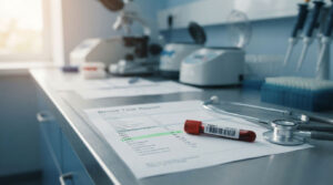 A blood test report with a red vial and a stethoscope on a lab table.