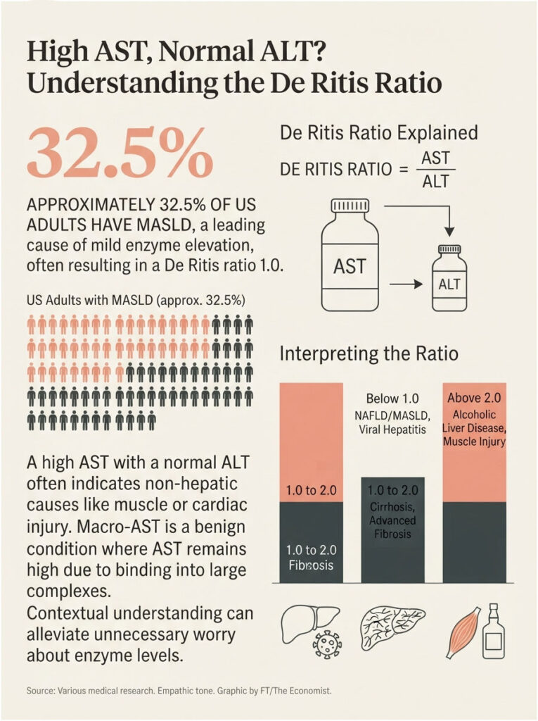 Infographic explaining the De Ritis Ratio, showing statistics, charts, and health implications of enzyme levels.