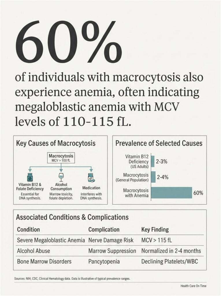 Infographic showing 60% of individuals with macrocytosis experience anemia, detailing causes and complications.