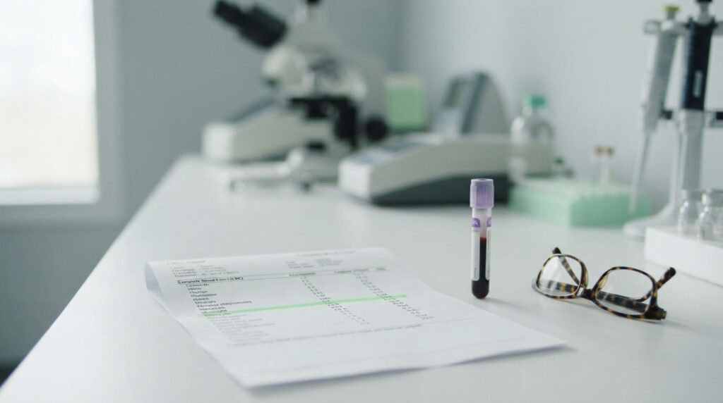 A medical report and blood sample tube sit on a lab table with glasses nearby and a microscope in the background.