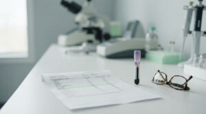 A medical report and blood sample tube sit on a lab table with glasses nearby and a microscope in the background.