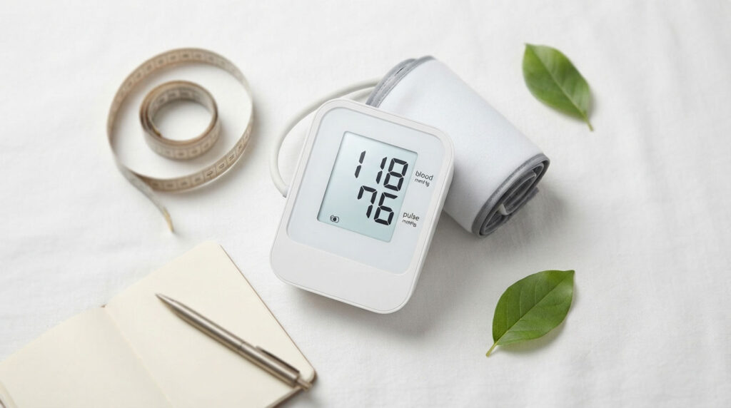 A digital blood pressure monitor displays readings on a white surface with a measuring tape and notebook nearby.